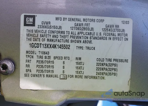 2004 Chevrolet S-10 Ls from USA, damaged, VIN 1GCDT13XX4K145502